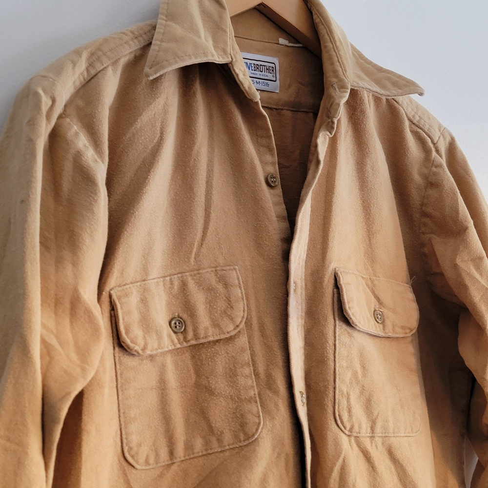 Vintage Five Brothers Shirt Large Tan Chamois Flannel Cotton Button Up 15-M-15.5 - Picture 5 of 11